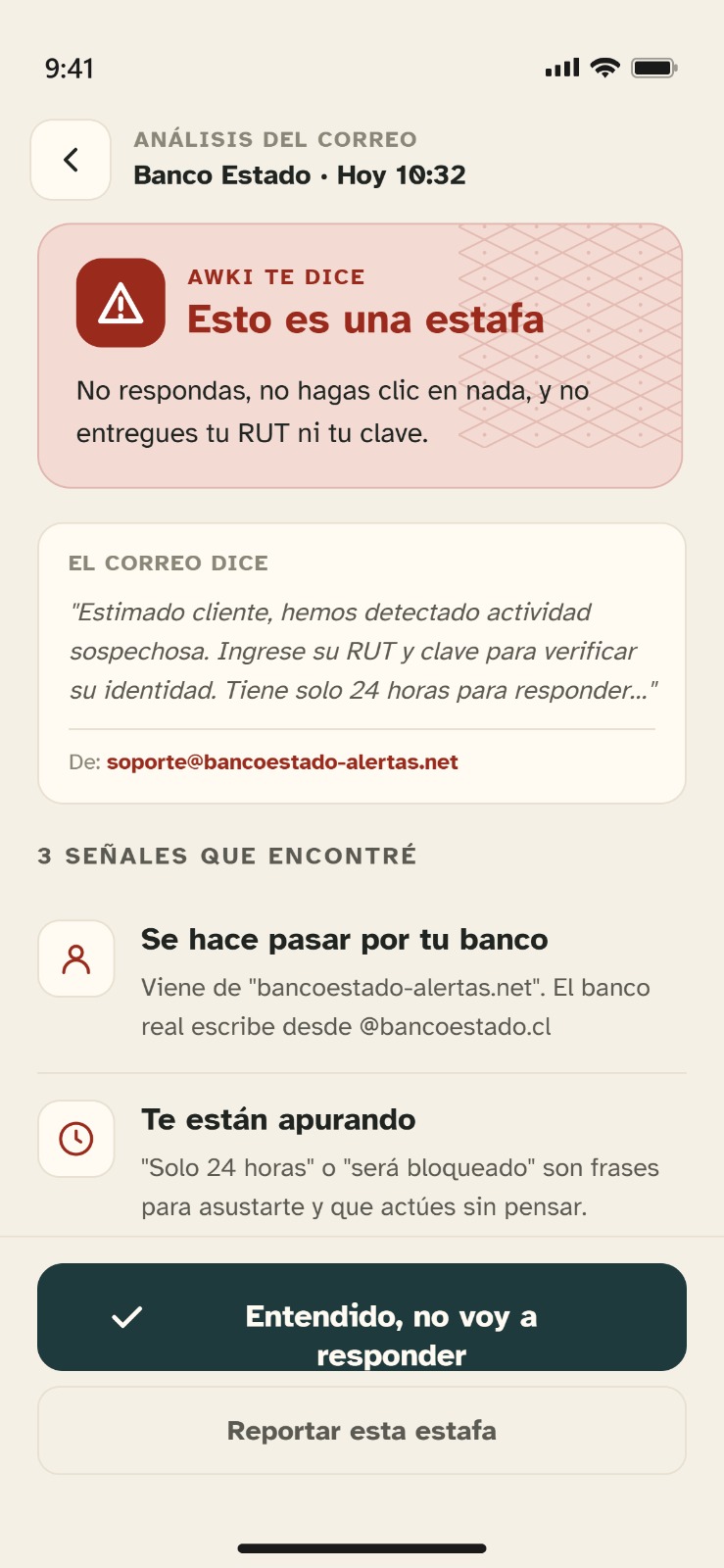 Pantalla de mensajes en AWKI: 1 sospechoso encontrado, con etiquetas de Cuidado y Seguro por mensaje.